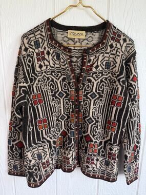 Vintage Intiwara Alpaca Wool Handmade Cardigan Sweater Print Large
